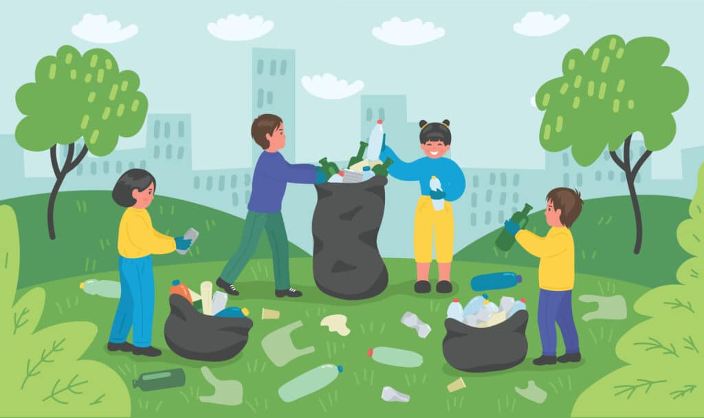 graphic of children picking up litter