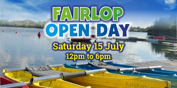 A banner promoting Fairlop Open Day with the text fairlop Open Day sitting on top of an image of boats on a lake. Under the Open Day text it says Saturday 15 July, 12pm to 6pm