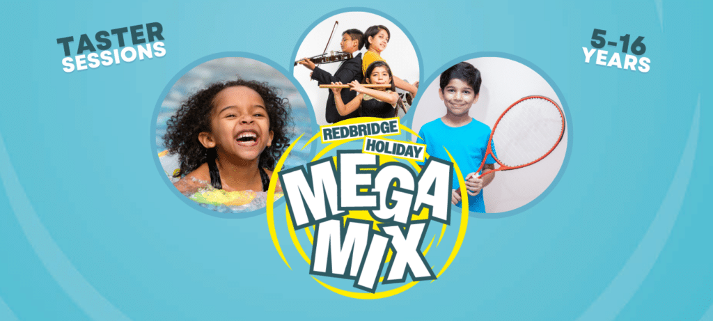 MegaMix generic banner with three images, swimming, tennis and music