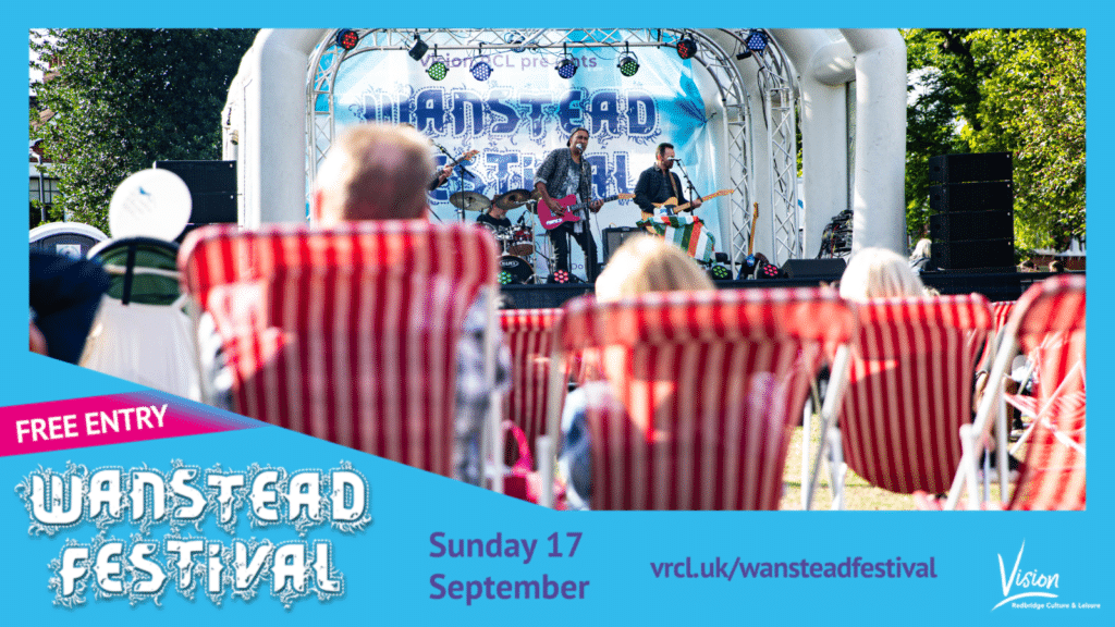 People in deckchairs watching performers on stage. The image also has a Wanstead festival frame around the outside