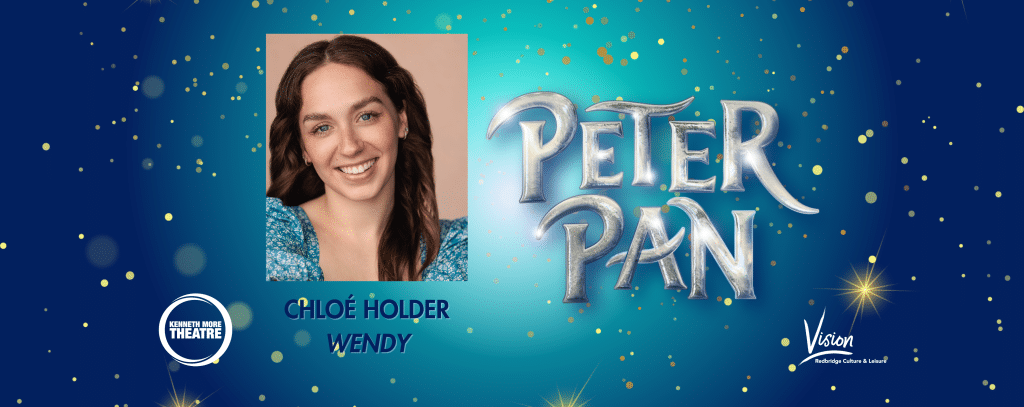 A gradient background from dark blue around the outside and bright white in the centre. There are gold stars and sparkles all across the background. Left of centre there is a headshot of Chloe Holder, a white female with long brown hair. Underneath the headshot it says Chloe Holder, Wendy. To the right of centre there is the logo for KMT pantomime Peter Pan