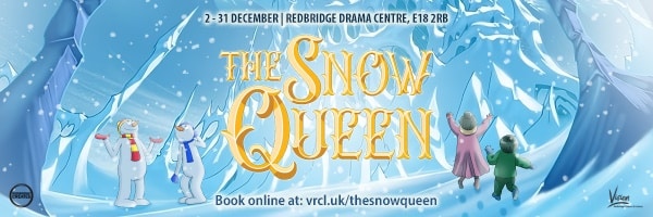Banner for the Snow Queen with illustrations in an icy forest